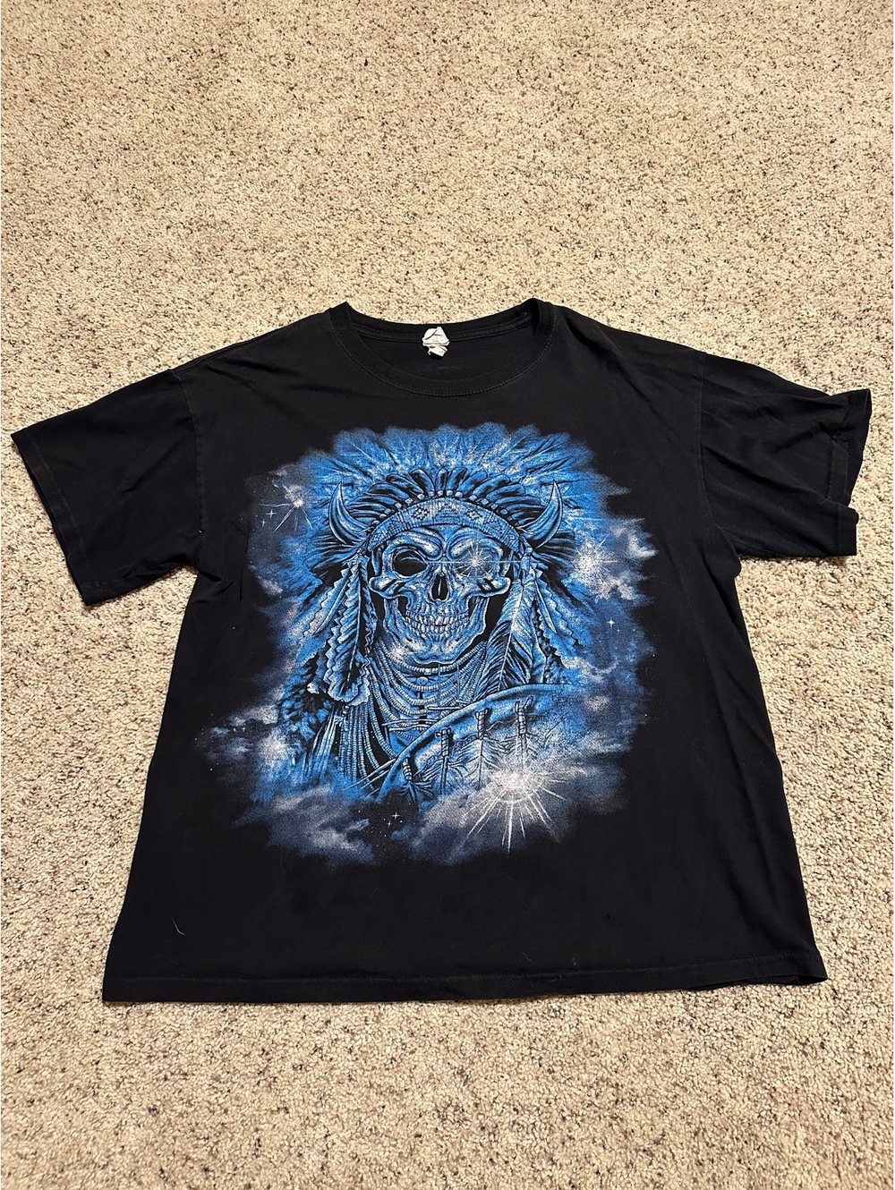 Black Graphic T-Shirt with Blue Skull Native American Design